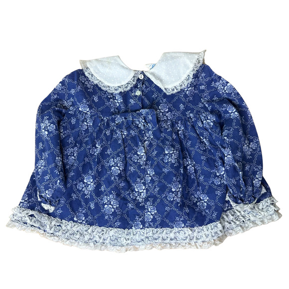 Vintage Mini World Girls Dress Size 3 Floral Lace Peter Pan Collar Blue USA Made - Picture 2 of 11